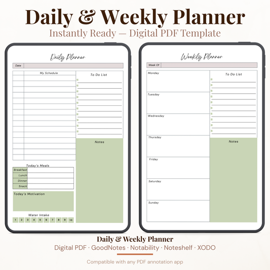 Undated digital daily and weekly planner PDF bundle shown side by side on two iPads with a clean minimal design in sage green and warm white, the daily planner featuring a date field, my schedule section, to do list, notes, today's meals tracker for breakfast lunch dinner and snack, today's motivation section and water intake tracker numbered one through ten, and the weekly planner featuring a week of field, Monday through Sunday daily sections, to do list with checkboxes and a notes section.