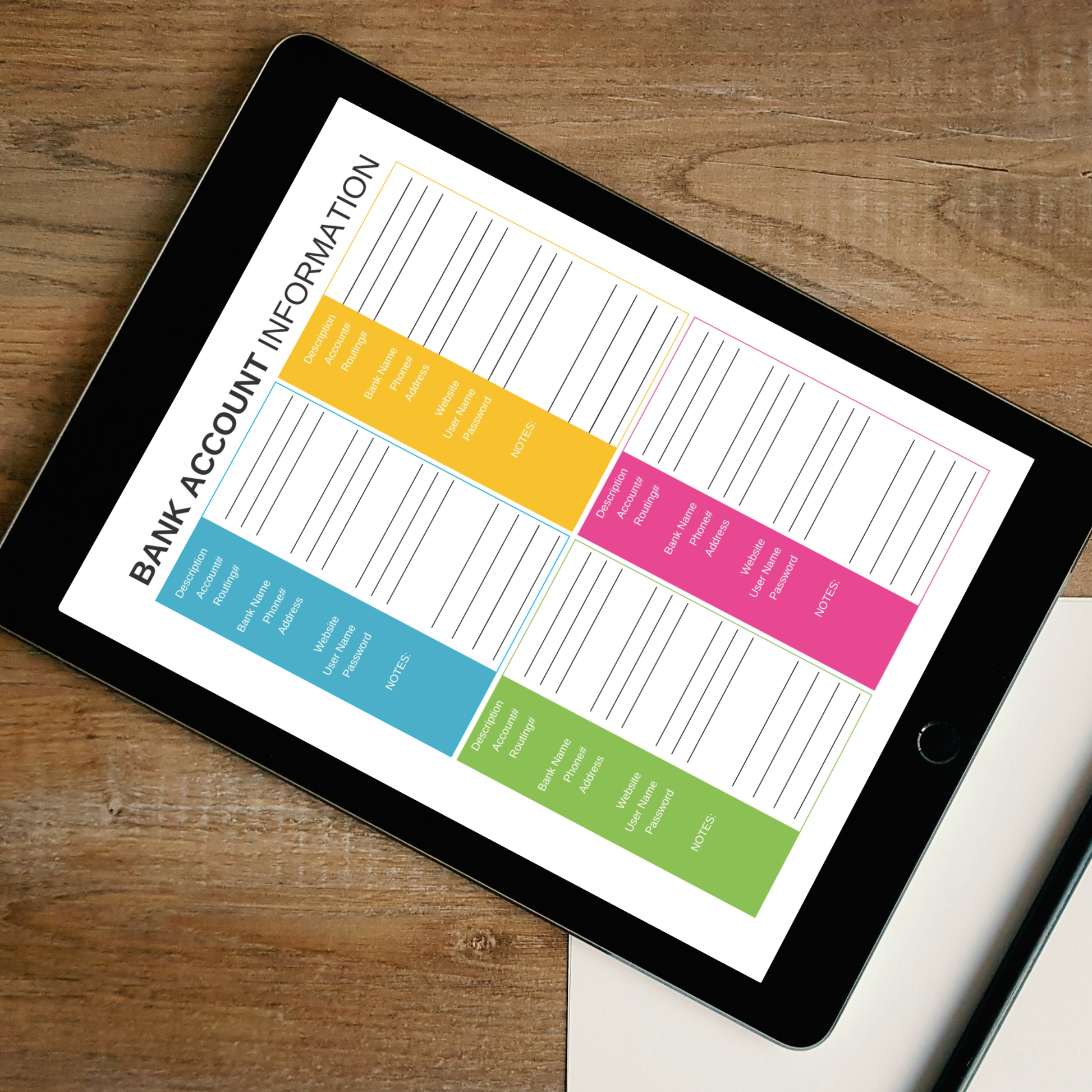 Digital bank account information tracker PDF shown on iPad featuring a bold colorful design with four color coded account sections in blue yellow green and pink each containing description account number routing number bank name phone number address website username password and notes fields — compatible with GoodNotes Notability Noteshelf XODO Samsung Notes and Kindle Scribe