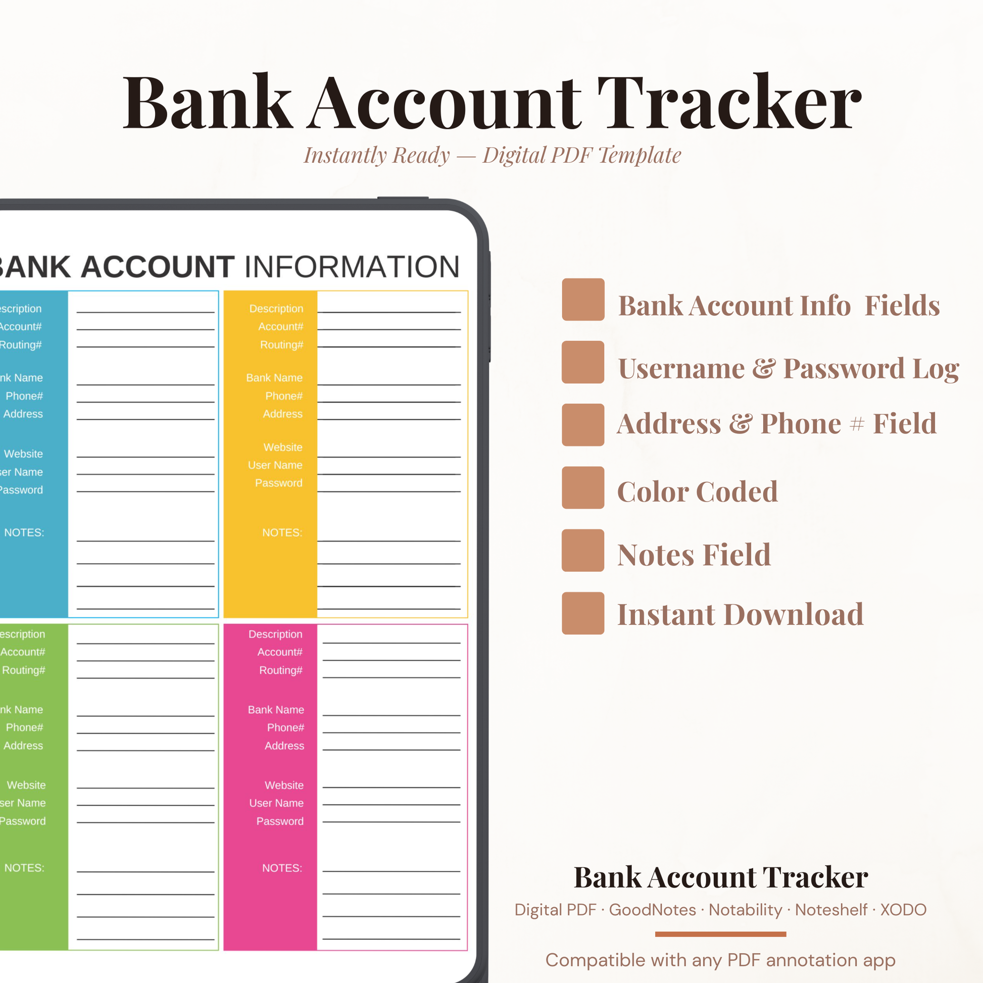 Digital bank account information tracker PDF shown on iPad featuring a bold colorful design with four color coded account sections in blue yellow green and pink each containing description account number routing number bank name phone number address website username password and notes fields — compatible with GoodNotes Notability Noteshelf XODO Samsung Notes and Kindle Scribe
