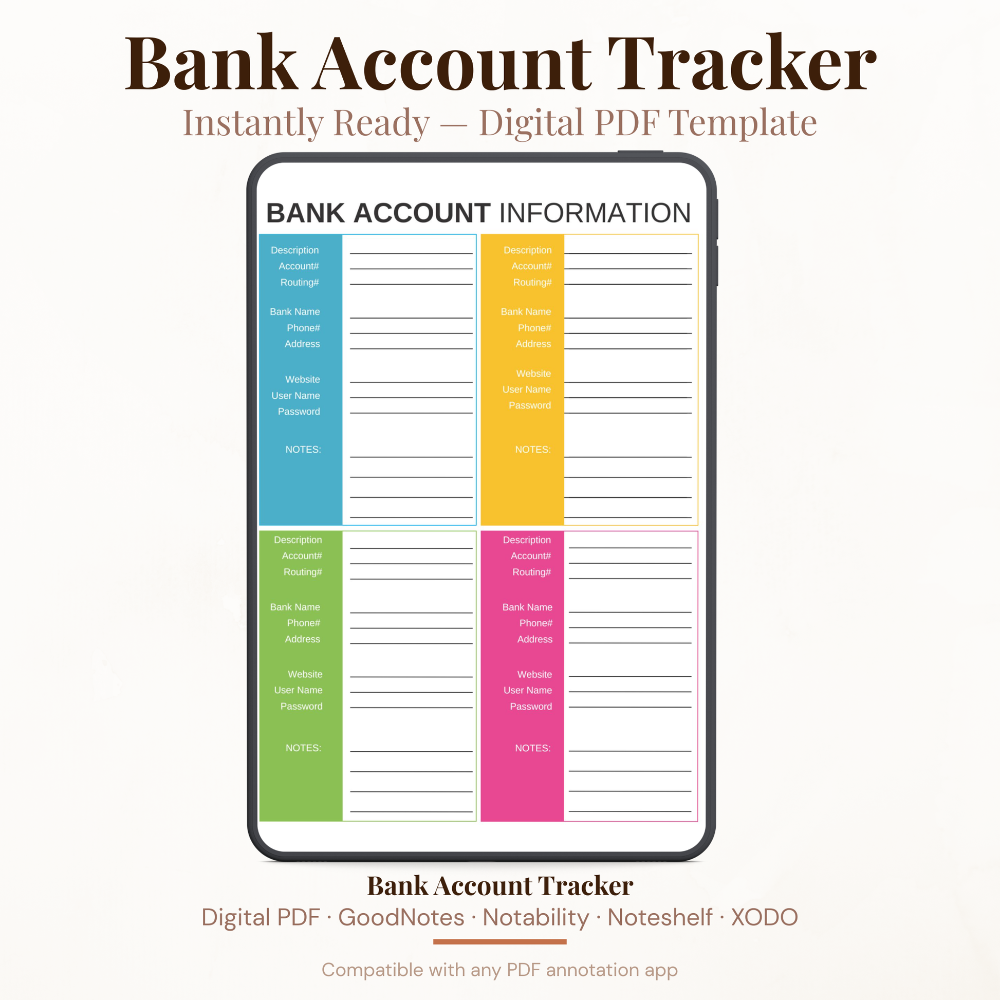 Digital bank account information tracker PDF shown on iPad featuring a bold colorful design with four color coded account sections in blue yellow green and pink each containing description account number routing number bank name phone number address website username password and notes fields — compatible with GoodNotes Notability Noteshelf XODO Samsung Notes and Kindle Scribe