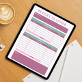 Digital budget planner PDF shown on iPad featuring a mauve and sage green design with budget goal field, income source tracker with date description and amount columns, total row, expenses tracker with matching columns, second total row, and notes section — compatible with GoodNotes, Notability, Noteshelf and XODO