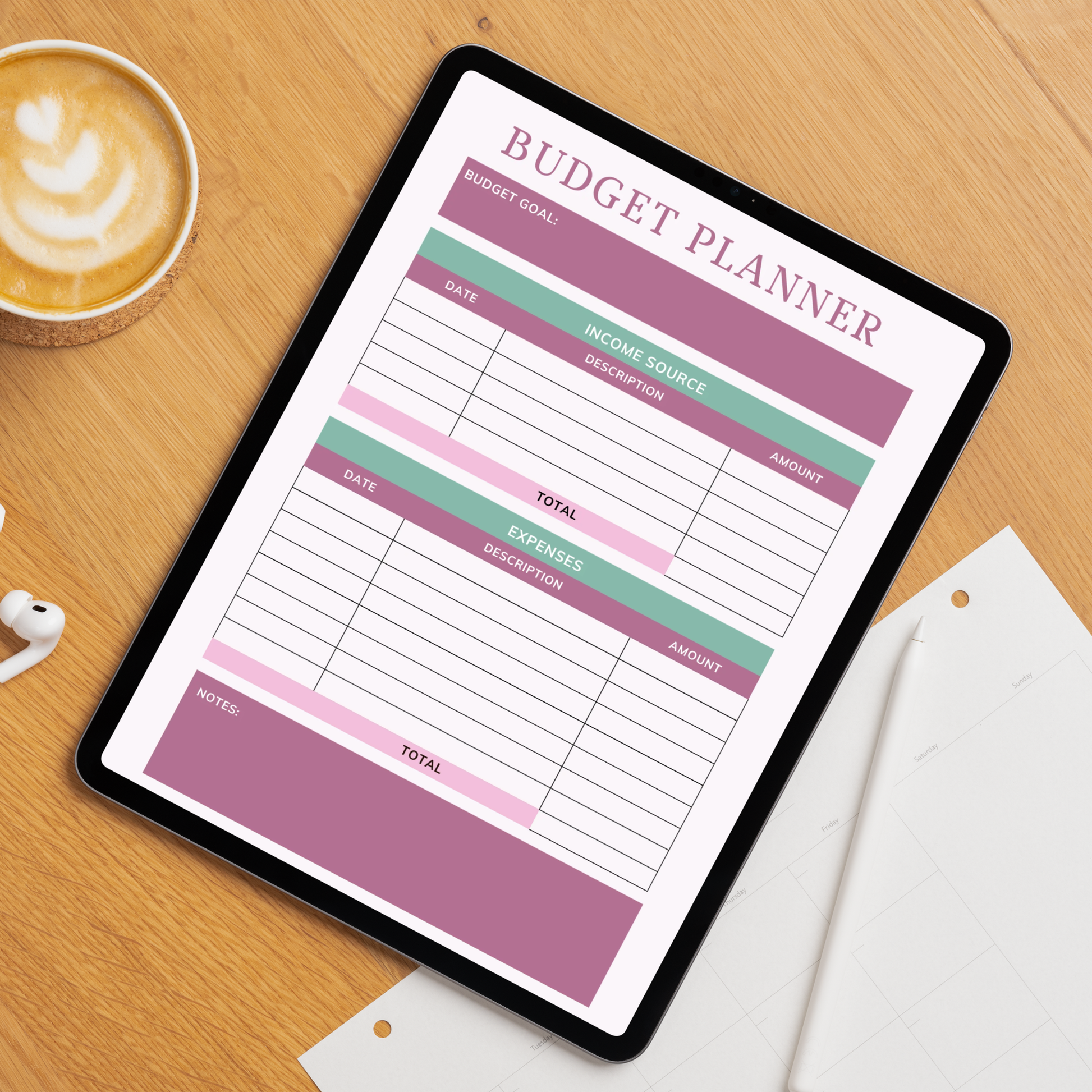 Digital budget planner PDF shown on iPad featuring a mauve and sage green design with budget goal field, income source tracker with date description and amount columns, total row, expenses tracker with matching columns, second total row, and notes section — compatible with GoodNotes, Notability, Noteshelf and XODO