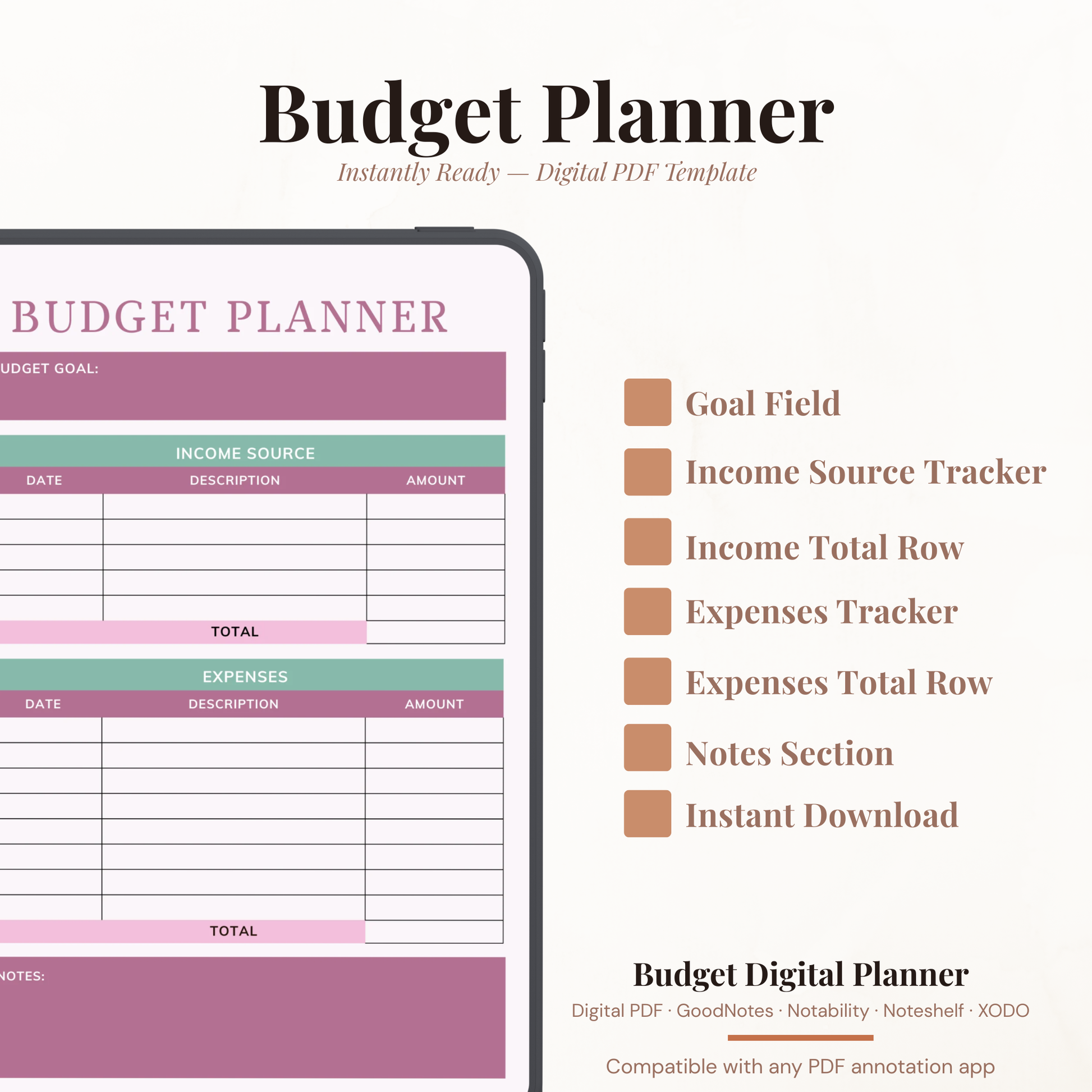 Digital budget planner PDF shown on iPad featuring a mauve and sage green design with budget goal field, income source tracker with date description and amount columns, total row, expenses tracker with matching columns, second total row, and notes section — compatible with GoodNotes, Notability, Noteshelf and XODO