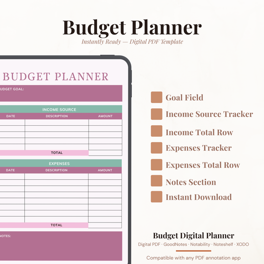 Digital budget planner PDF shown on iPad featuring a mauve and sage green design with budget goal field, income source tracker with date description and amount columns, total row, expenses tracker with matching columns, second total row, and notes section — compatible with GoodNotes, Notability, Noteshelf and XODO
