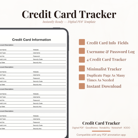 Digital credit card information tracker PDF shown on iPad featuring a clean minimalist black and white design with four credit card account sections each containing account description card name card type card number credit limit expiry date website username password security code and security answer fields — compatible with GoodNotes Notability Noteshelf XODO Samsung Notes and Kindle Scribe
