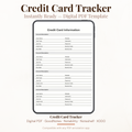 Digital credit card information tracker PDF shown on iPad featuring a clean minimalist black and white design with four credit card account sections each containing account description card name card type card number credit limit expiry date website username password security code and security answer fields — compatible with GoodNotes Notability Noteshelf XODO Samsung Notes and Kindle Scribe