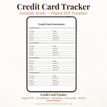 Digital credit card information tracker PDF shown on iPad featuring a clean minimalist black and white design with four credit card account sections each containing account description card name card type card number credit limit expiry date website username password security code and security answer fields — compatible with GoodNotes Notability Noteshelf XODO Samsung Notes and Kindle Scribe