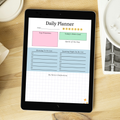 Digital Daily Planner PDF open on iPad tablet on wooden desk showing morning evening to do list top priorities and daily goals — instant download for GoodNotes and Notability