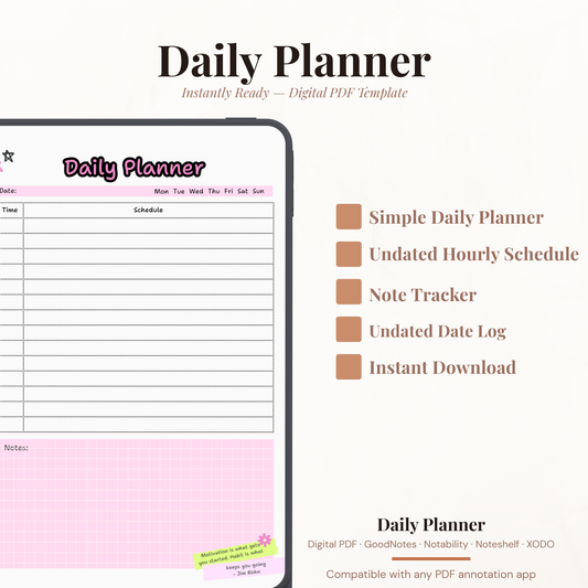 Digital daily planner PDF with flexible schedule tracker notes section and motivational quote for GoodNotes Notability XODO.