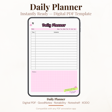 Digital daily planner PDF with flexible schedule tracker notes section and motivational quote for GoodNotes Notability XODO.