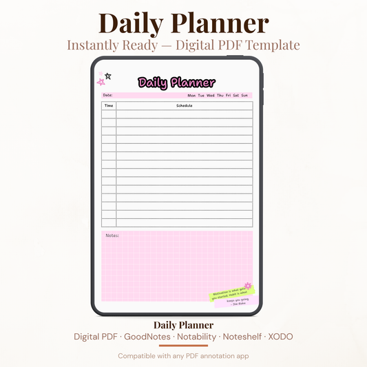Digital daily planner PDF with flexible schedule tracker notes section and motivational quote for GoodNotes Notability XODO.