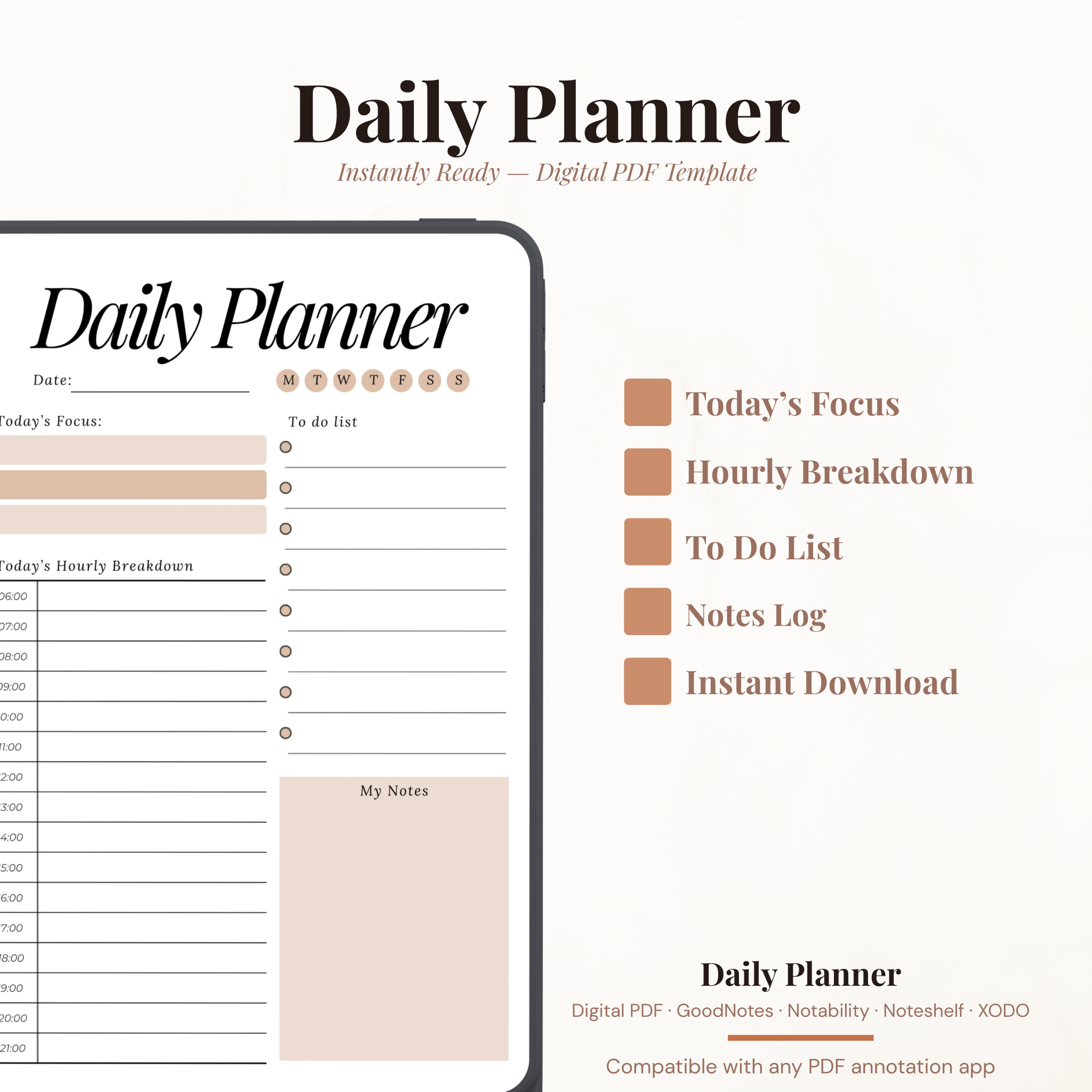 Digital daily planner PDF with today's focus hourly breakdown to-do list and notes for GoodNotes Notability XODO iPad.