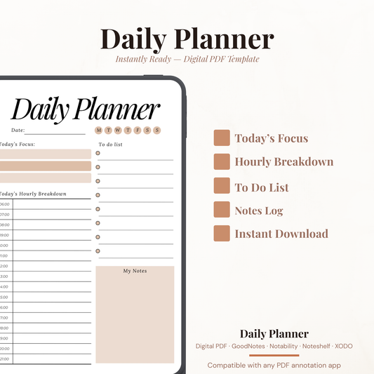 Digital daily planner PDF with today's focus hourly breakdown to-do list and notes for GoodNotes Notability XODO iPad.