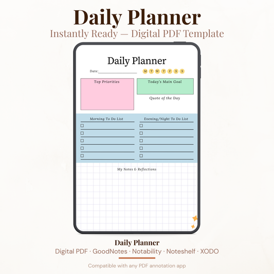 Digital Daily Planner PDF template displayed on iPad showing morning and evening to do list top priorities and daily goals — instant download compatible with GoodNotes Notability Noteshelf and XODO