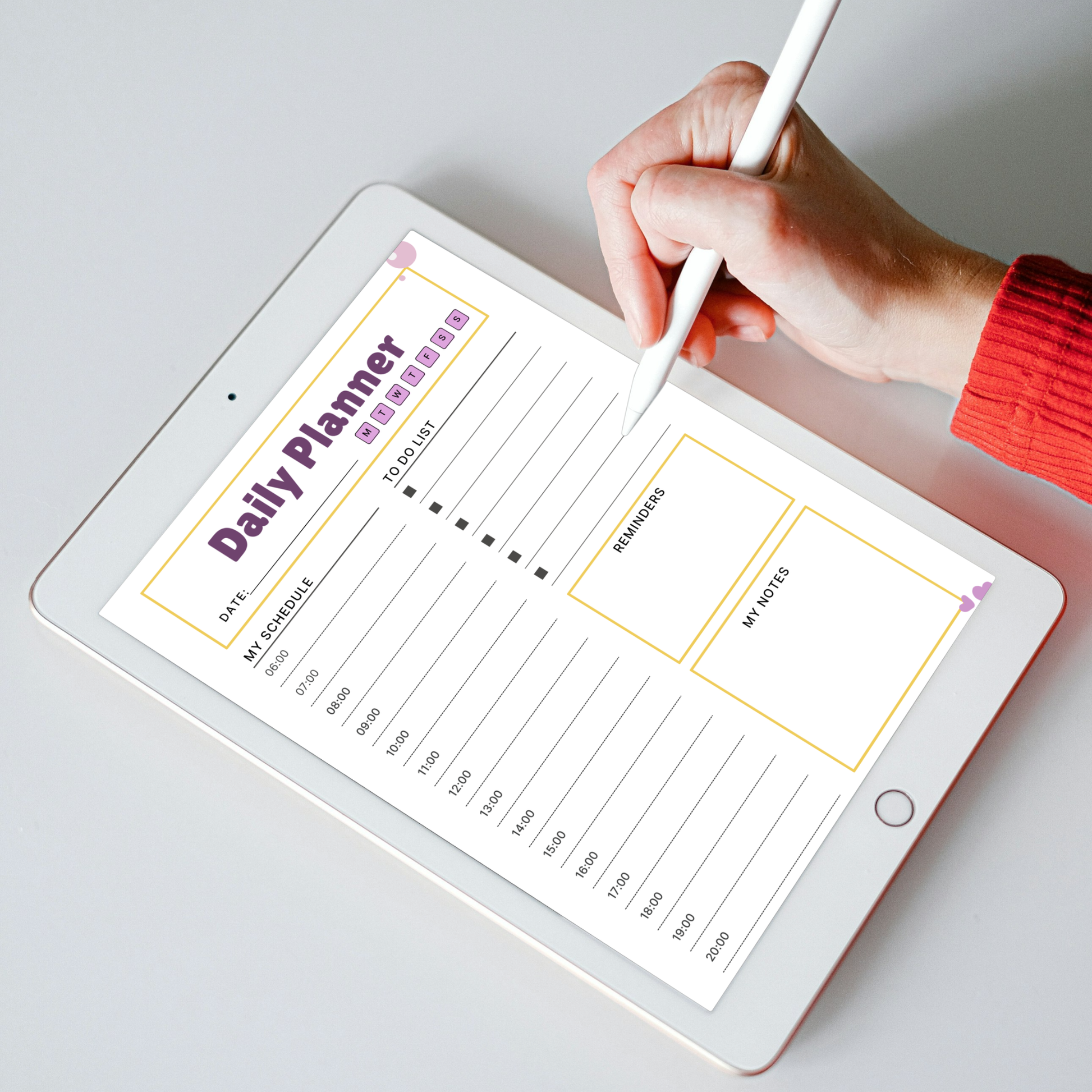 Hand writing in a digital daily planner PDF template on iPad with Apple Pencil showing hourly schedule to-do list and notes section.