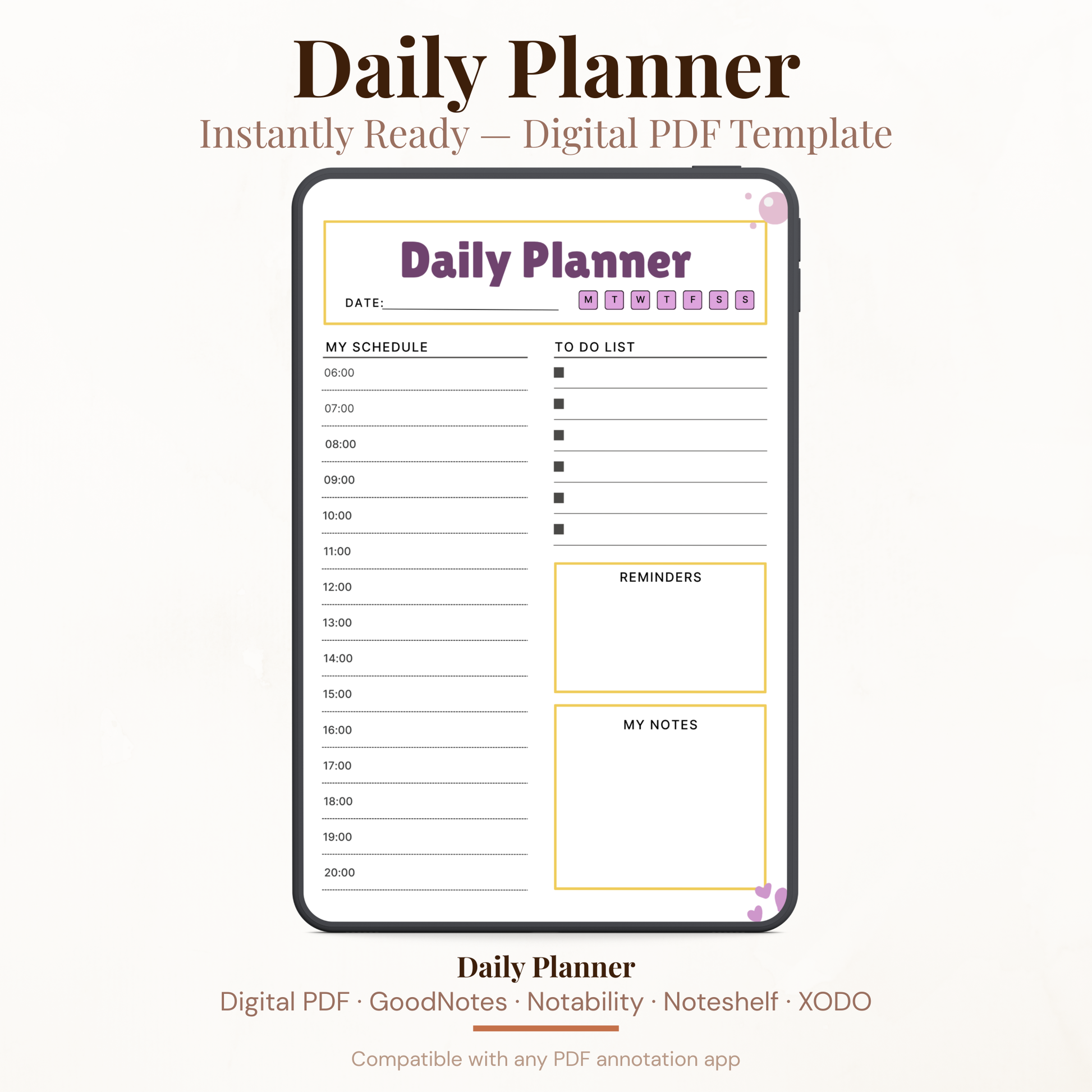 Digital daily planner PDF template with hourly schedule to-do list reminders and notes compatible with GoodNotes Notability XODO.