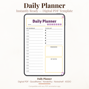 Digital daily planner PDF template with hourly schedule to-do list reminders and notes compatible with GoodNotes Notability XODO.