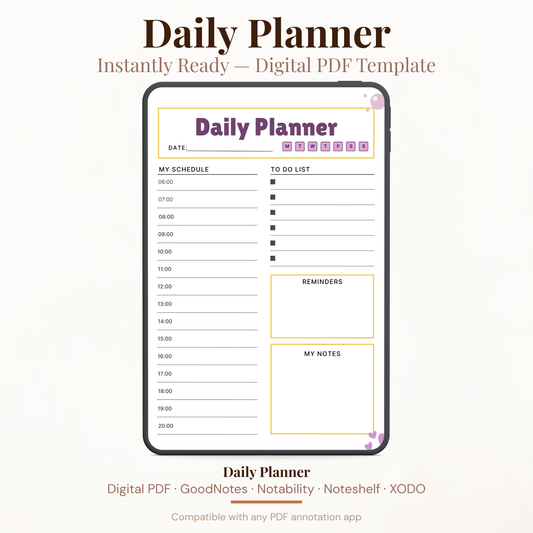 Digital daily planner PDF template with hourly schedule to-do list reminders and notes compatible with GoodNotes Notability XODO.