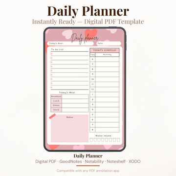 Digital daily planner PDF with to-do list hourly schedule meal tracker and water intake tracker for GoodNotes Notability XODO.