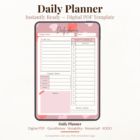Digital daily planner PDF with to-do list hourly schedule meal tracker and water intake tracker for GoodNotes Notability XODO.