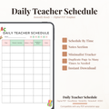 Digital product preview of a Daily Teacher Schedule PDF template, showing a clean grid layout inside a tablet mockup with feature callouts on a light beige background.