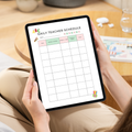 A person holding a tablet displaying a printable daily teacher schedule planner. The planner has pastel-colored headers for period, activity, subject, frequency, and homework, with a grid below.
