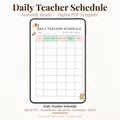 Digital PDF template preview for a Daily Teacher Schedule, shown on a light beige background with decorative text and compatibility mentions for GoodNotes, Notability, Noteshelf, and XODO.
