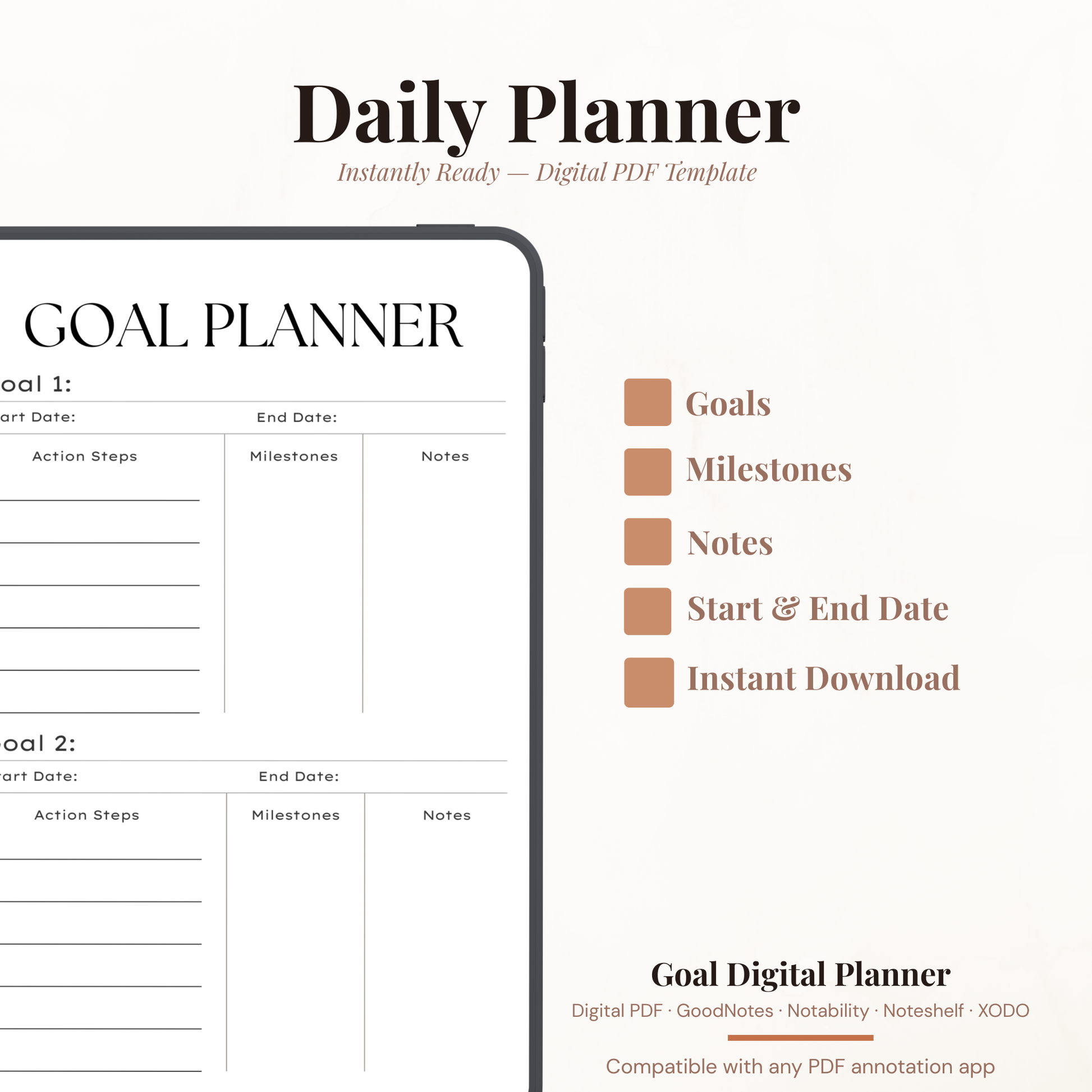 Digital Goal Setting Planner PDF for iPad - Action Steps Milestones Notes GoodNotes Instant Download