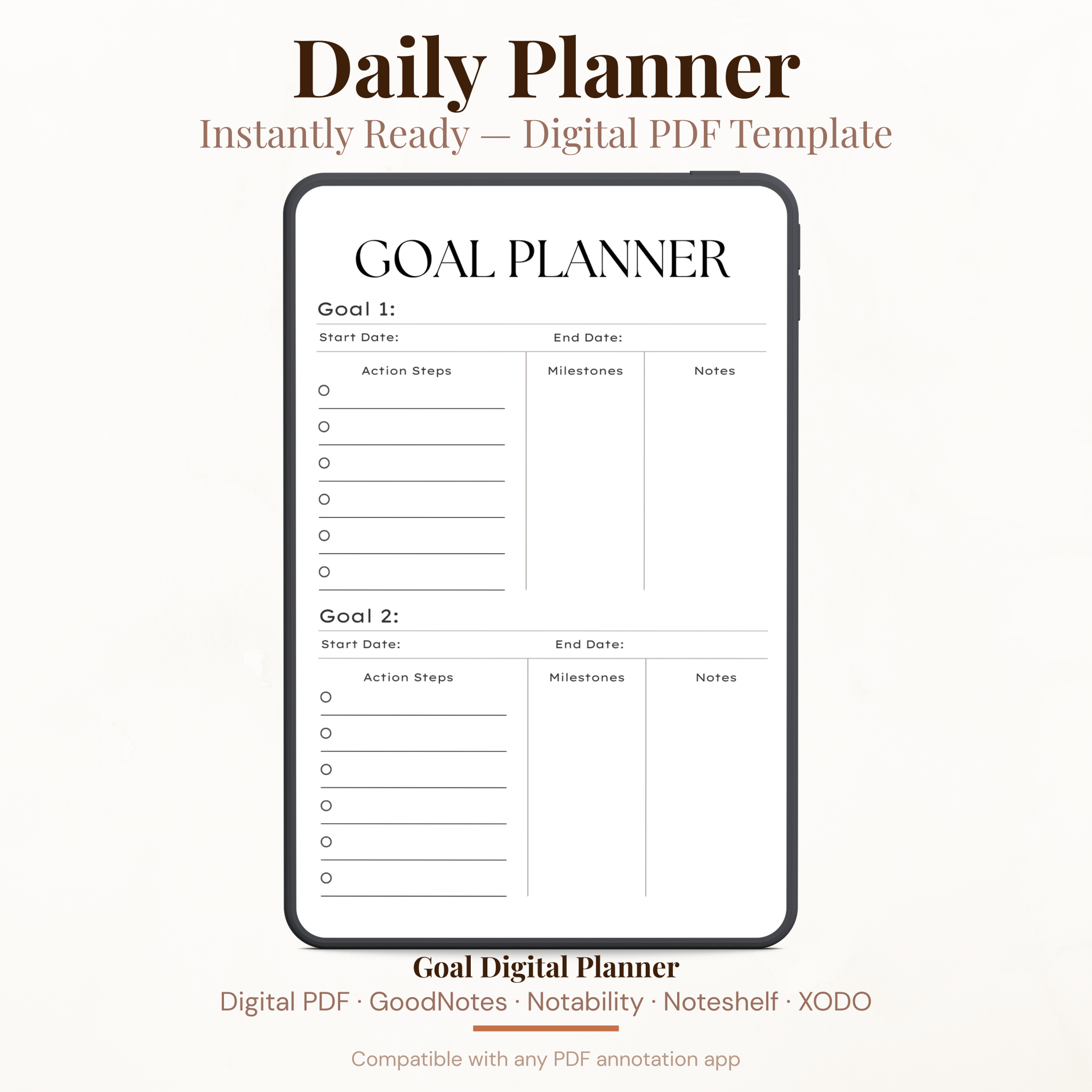 Digital Goal Setting Planner PDF for iPad - Action Steps Milestones Notes GoodNotes Instant Download