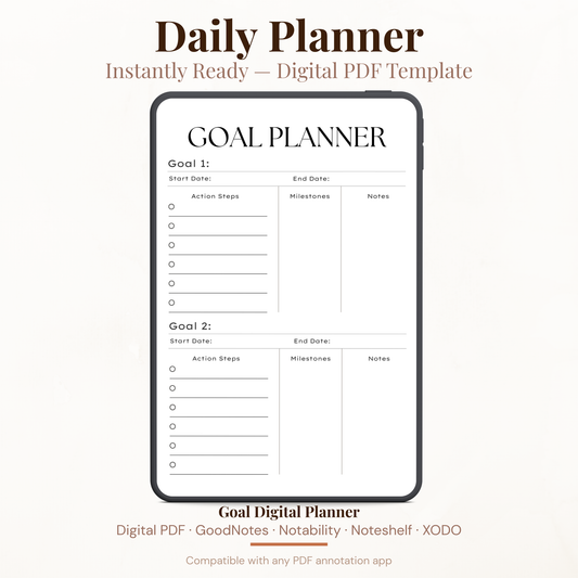 Digital Goal Setting Planner PDF for iPad - Action Steps Milestones Notes GoodNotes Instant Download