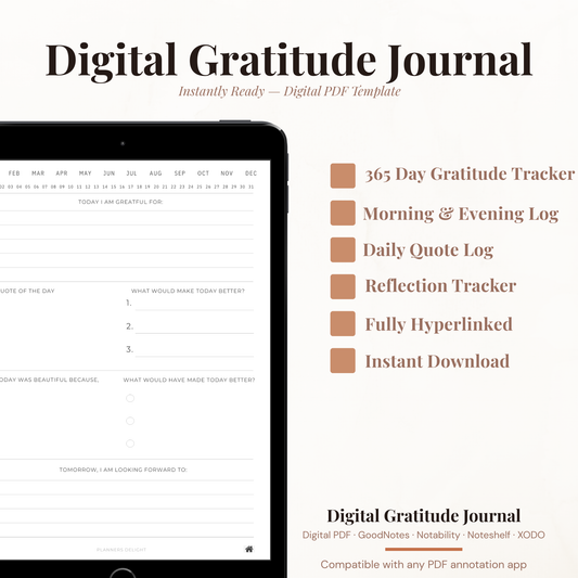 Digital Gratitude Journal PDF for iPad - Morning Evening Reflection Daily Prompts Quote of Day GoodNotes Instant Download