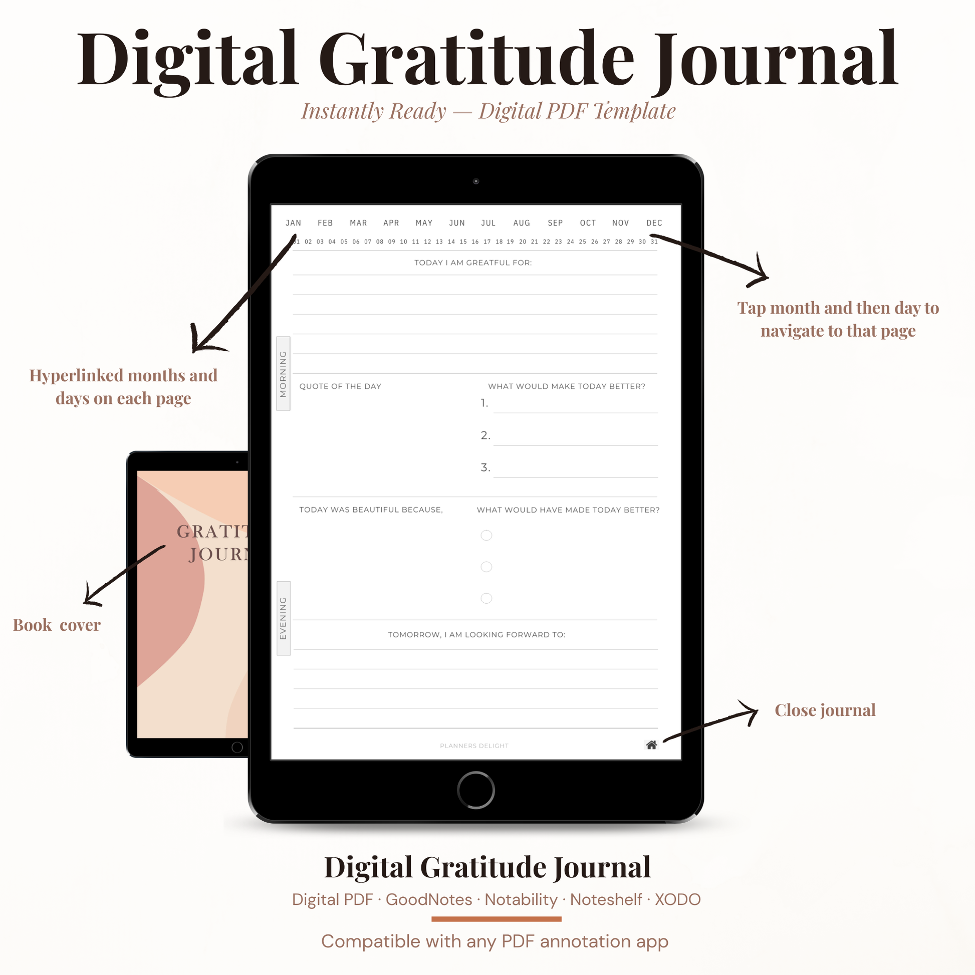 Digital Gratitude Journal PDF for iPad - Morning Evening Reflection Daily Prompts Quote of Day GoodNotes Instant Download