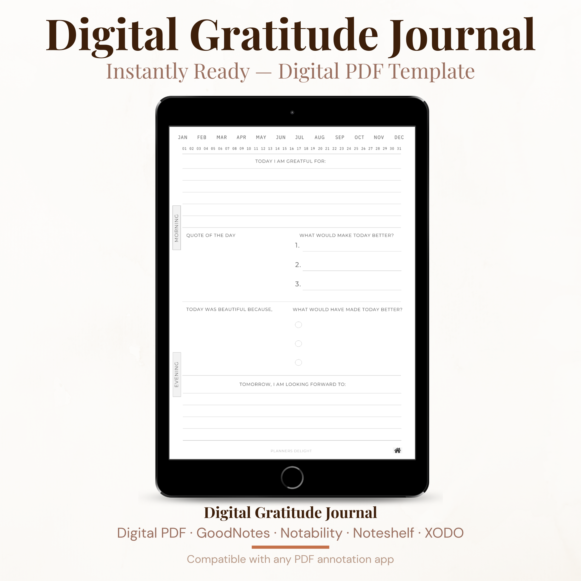 Digital Gratitude Journal PDF for iPad - Morning Evening Reflection Daily Prompts Quote of Day GoodNotes Instant Download