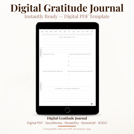 Digital Gratitude Journal PDF for iPad - Morning Evening Reflection Daily Prompts Quote of Day GoodNotes Instant Download