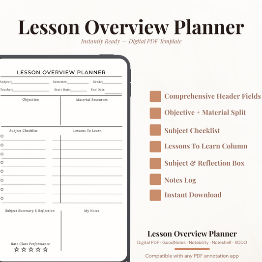 Digital Lesson Overview Planner template shown on a phone mockup with feature callouts on a light beige background.