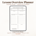 Digital lesson overview planner PDF template shown on a phone mockup with text reading 'Lesson Overview Planner' and 'Instantly Ready – Digital PDF Template' on a light beige background.