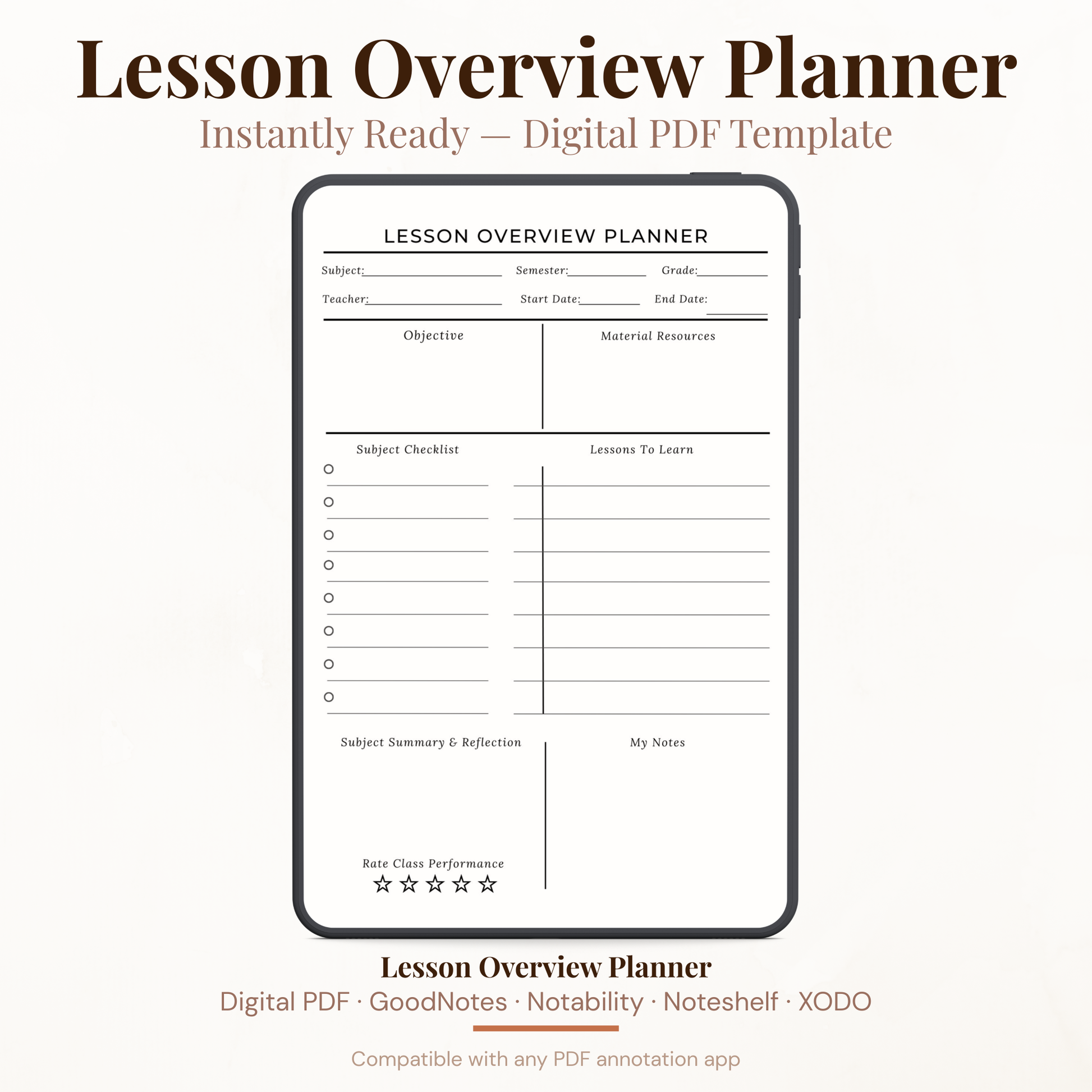 Digital lesson overview planner PDF template shown on a phone mockup with text reading 'Lesson Overview Planner' and 'Instantly Ready – Digital PDF Template' on a light beige background.