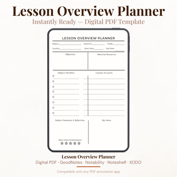 Digital lesson overview planner PDF template shown on a phone mockup with text reading 'Lesson Overview Planner' and 'Instantly Ready – Digital PDF Template' on a light beige background.