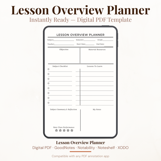 Digital lesson overview planner PDF template shown on a phone mockup with text reading 'Lesson Overview Planner' and 'Instantly Ready – Digital PDF Template' on a light beige background.