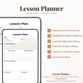 Digital lesson planner PDF template shown on a tablet mockup with a smartphone screen preview, plus feature callouts on a light beige background.