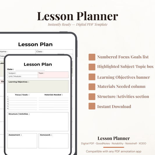 Digital lesson planner PDF template shown on a tablet mockup with a smartphone screen preview, plus feature callouts on a light beige background.