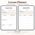 Digital lesson planner PDF template shown on two tablet mockups against a light beige background. The template includes fields for date, subject, topic, learning objectives, focus/goals, materials needed, structure/activities, assessment, and homework.