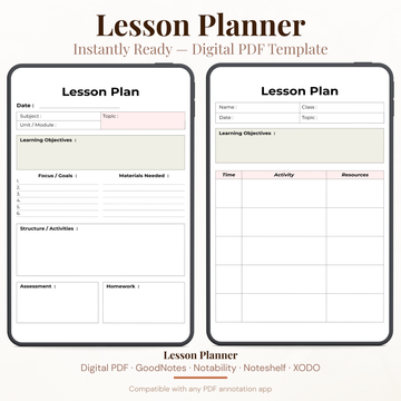 Digital lesson planner PDF template shown on two tablet mockups against a light beige background. The template includes fields for date, subject, topic, learning objectives, focus/goals, materials needed, structure/activities, assessment, and homework.