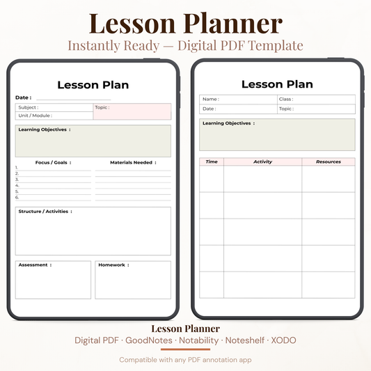 Digital lesson planner PDF template shown on two tablet mockups against a light beige background. The template includes fields for date, subject, topic, learning objectives, focus/goals, materials needed, structure/activities, assessment, and homework.