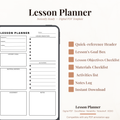 Digital lesson planner PDF template shown on a phone mockup with feature callouts on a light beige background.