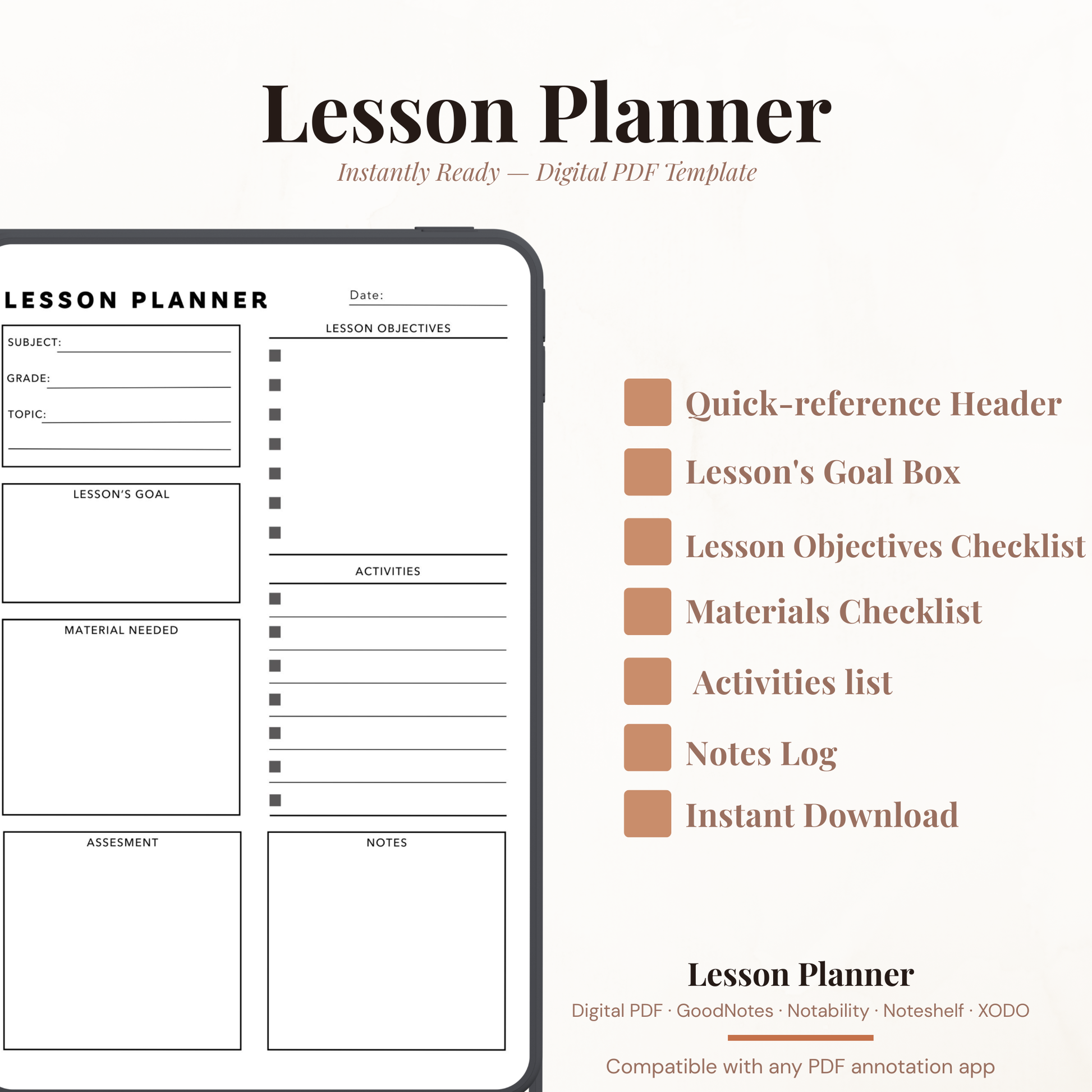 Digital lesson planner PDF template shown on a phone mockup with feature callouts on a light beige background.