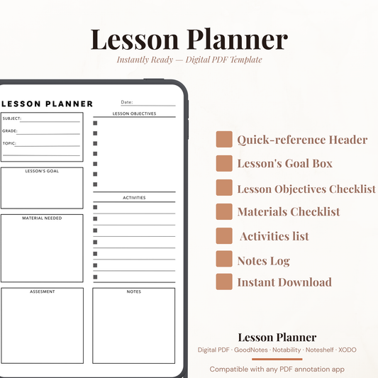 Digital lesson planner PDF template shown on a phone mockup with feature callouts on a light beige background.