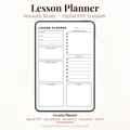 Digital lesson planner PDF template shown inside a smartphone mockup on a light beige background. The planner page includes fields for subject, grade, topic, lesson objectives, lesson goal, activities, material needed, assessment, and notes.