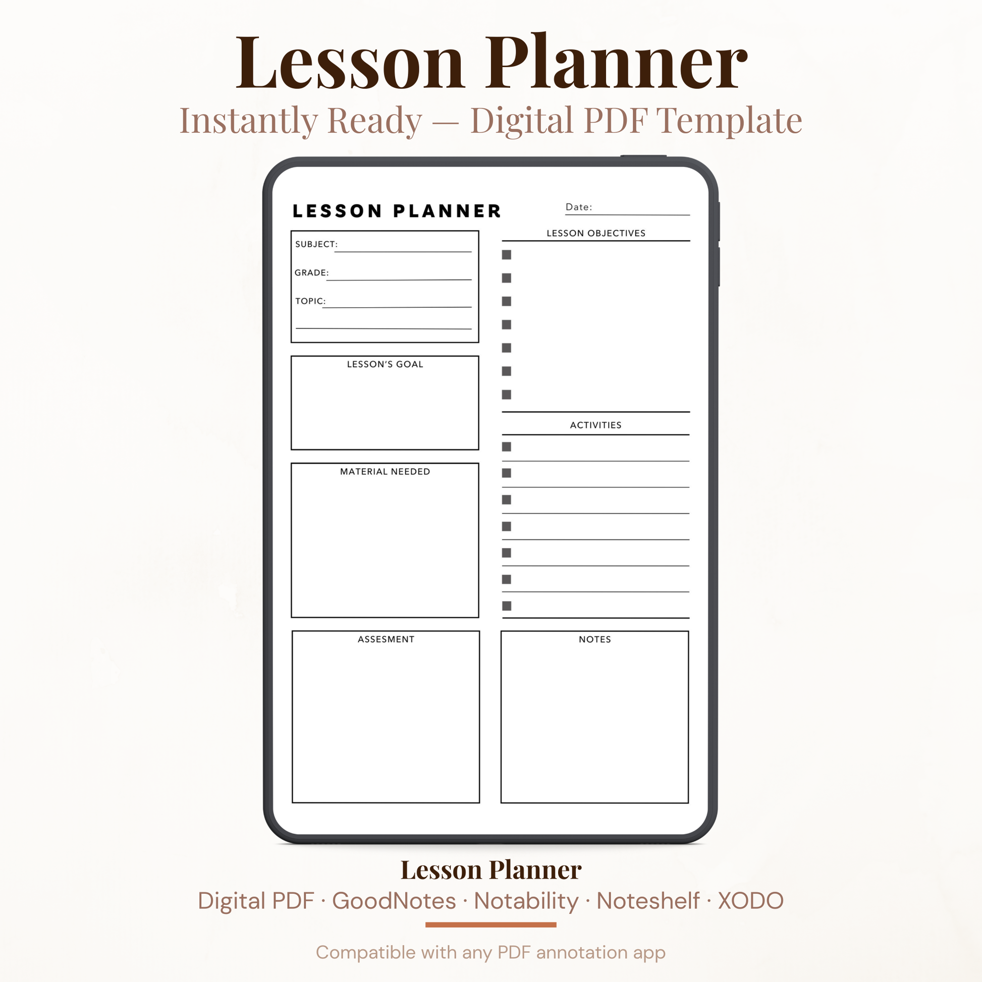 Digital lesson planner PDF template shown inside a smartphone mockup on a light beige background. The planner page includes fields for subject, grade, topic, lesson objectives, lesson goal, activities, material needed, assessment, and notes.