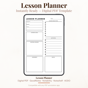 Digital lesson planner PDF template shown inside a smartphone mockup on a light beige background. The planner page includes fields for subject, grade, topic, lesson objectives, lesson goal, activities, material needed, assessment, and notes.